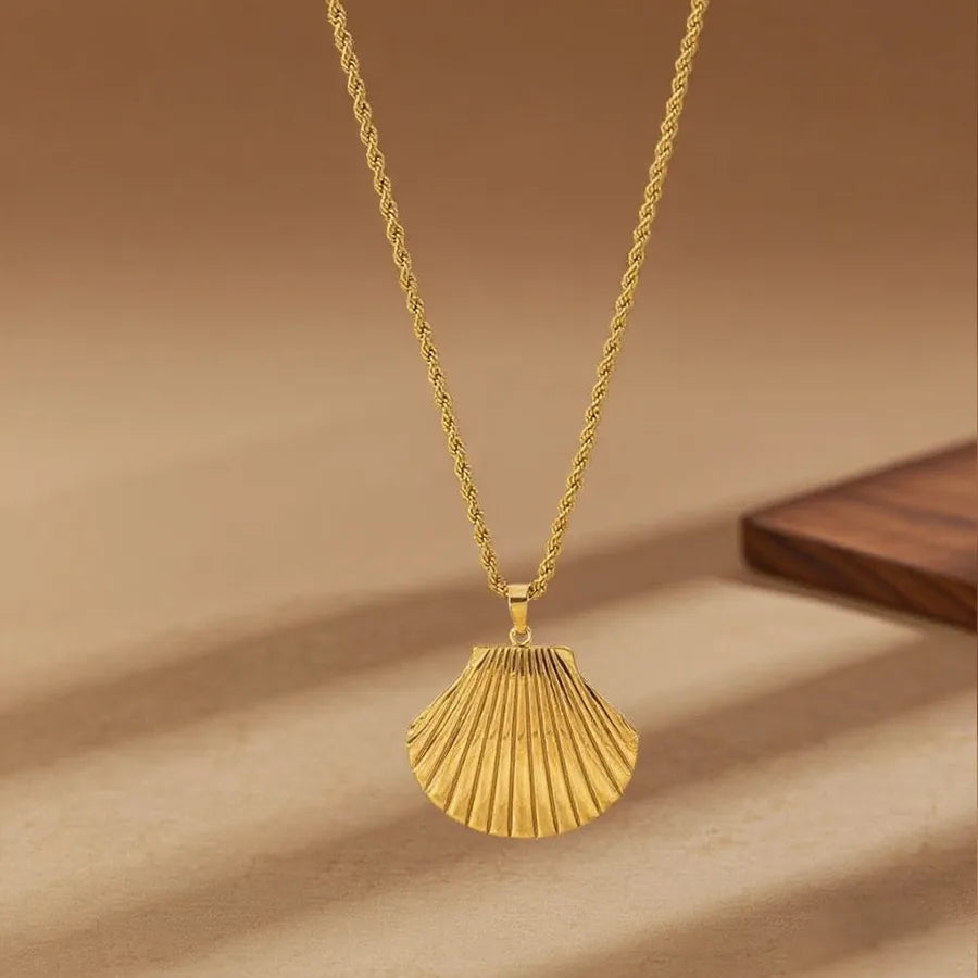 Elegant Titanium Steel Pendant Necklace X06068-Large Shell-Necklace- Gold