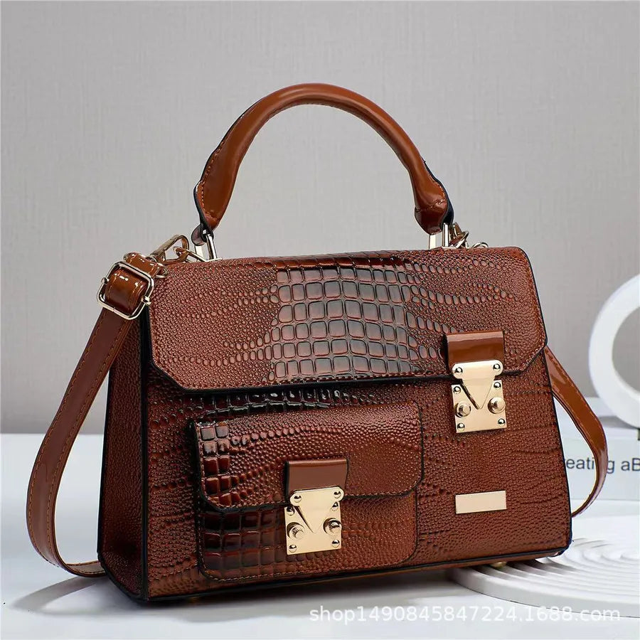 Retro Croc-Pattern PU Shoulder Bag