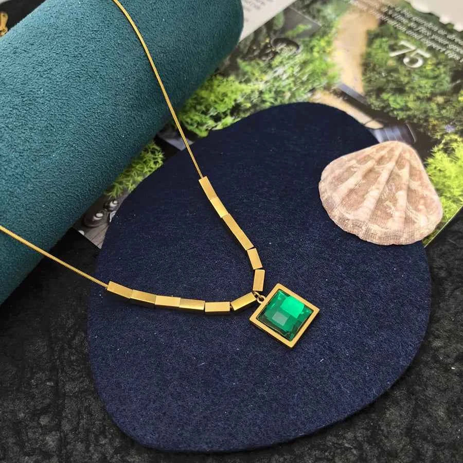 Green Zircon Geometric Titanium Steel Necklace