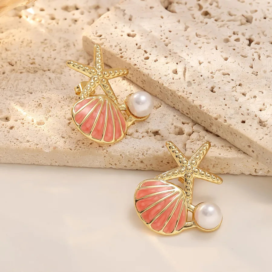 Starfish & Shell Pearl Earrings – Gold Stainless Steel