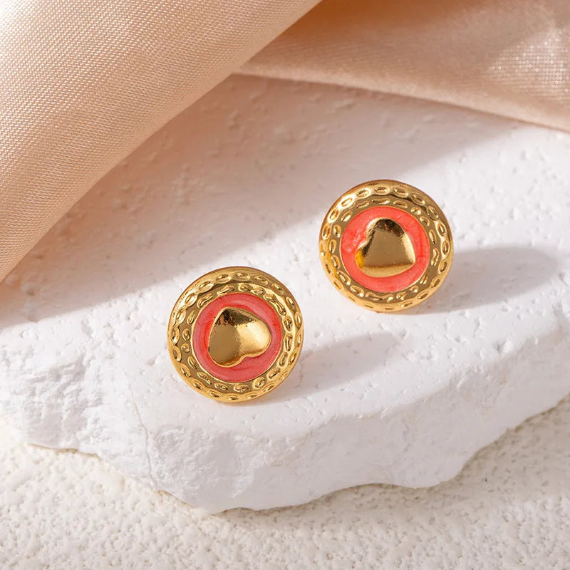 Moon Drop Titanium Stud Earrings Love Round Earrings-Red 1562