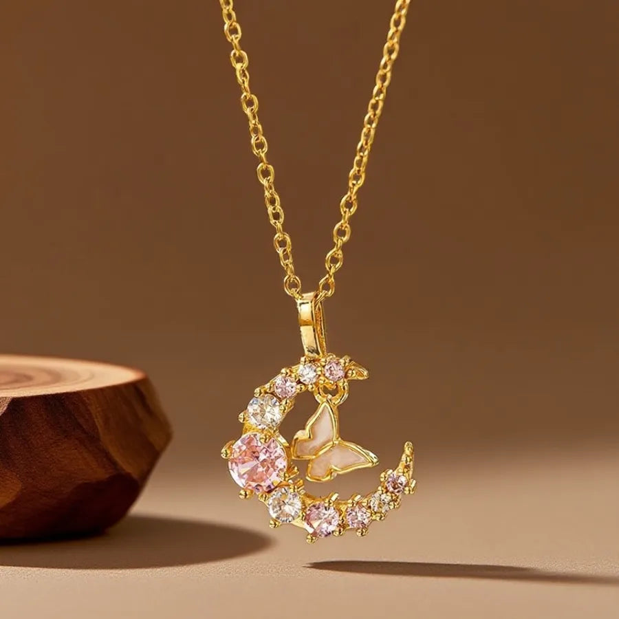 Geometric Titanium Steel Necklace for Women X08202 [Copper Pendant] Zircon Moon Butterfly Necklace - Gold
