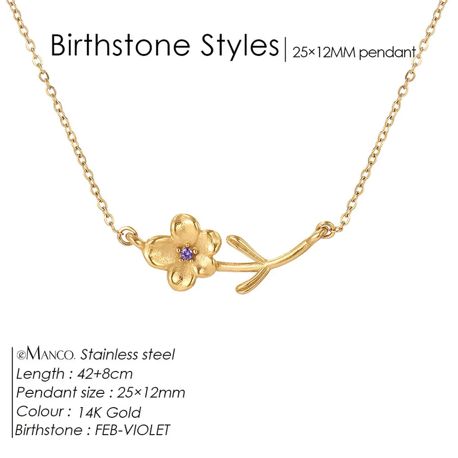 14K Gold Plated Flower Pendant Necklace February Deep Purple 14K Gold