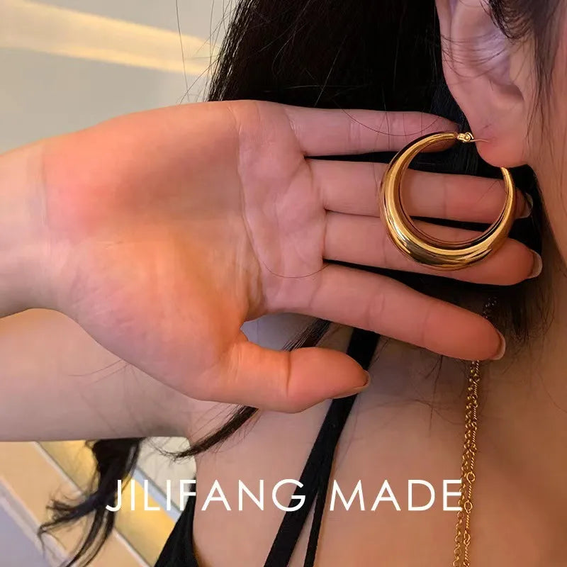 Gold Stainless Steel Moon Hoop Earrings