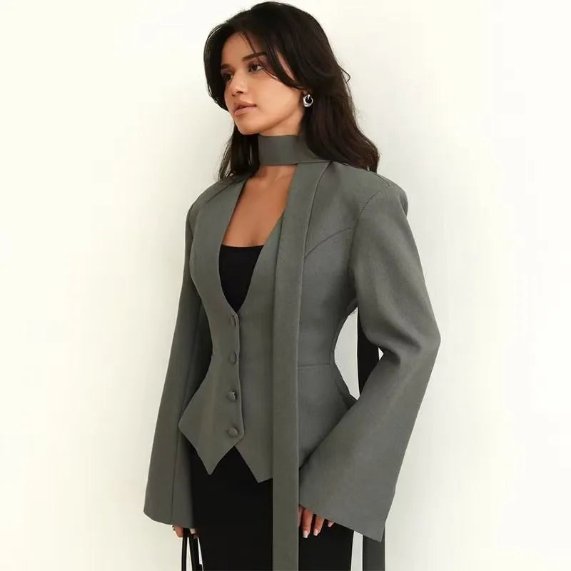 Elegant Puff Sleeve Stand Collar Blazer