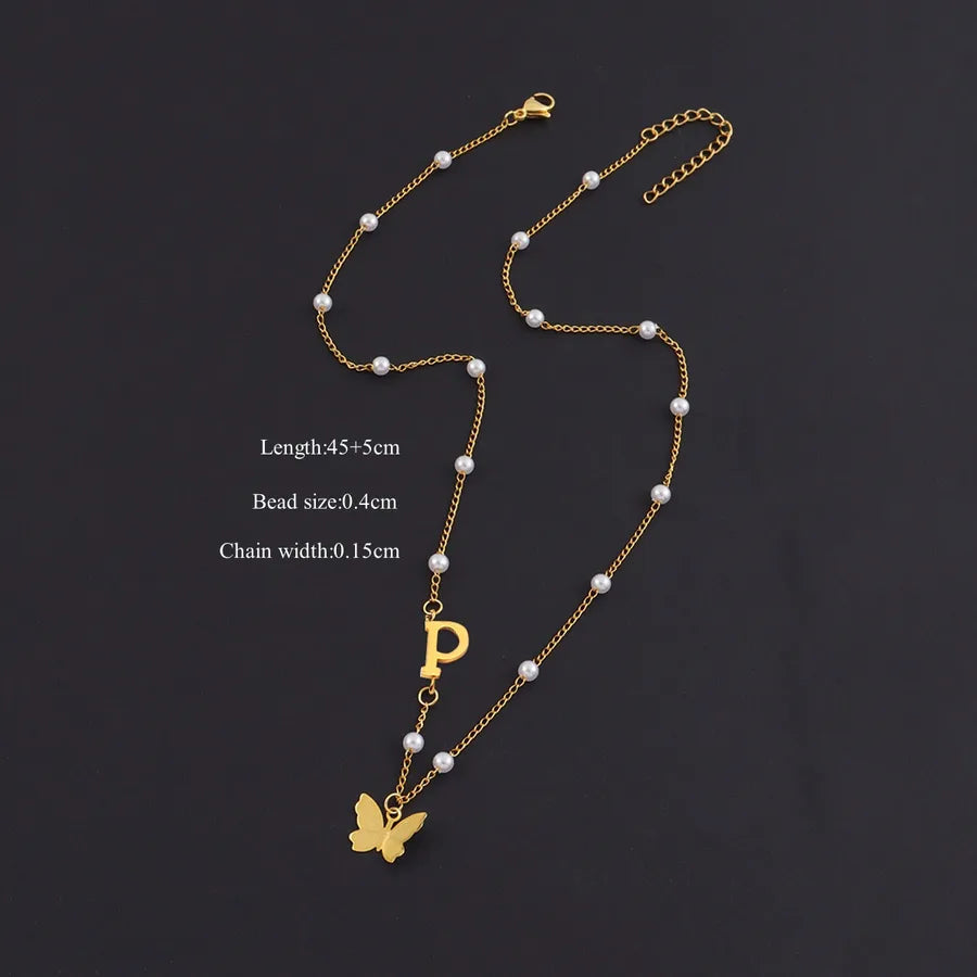 Gold Butterfly Letter Pendant Necklace Gold p