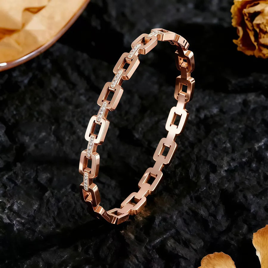 18K Gold Plated Titanium Steel Square Bracelet Average Size Rose Gold Square with Diamond