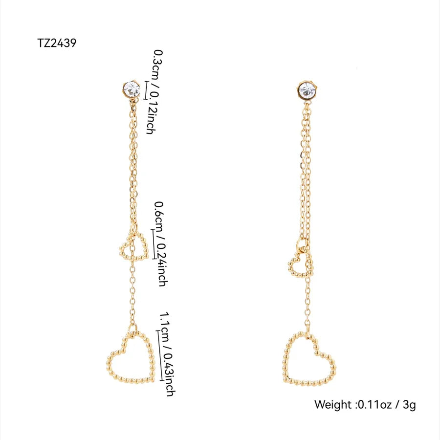 18K Gold Heart Tassel Earrings with Zircon