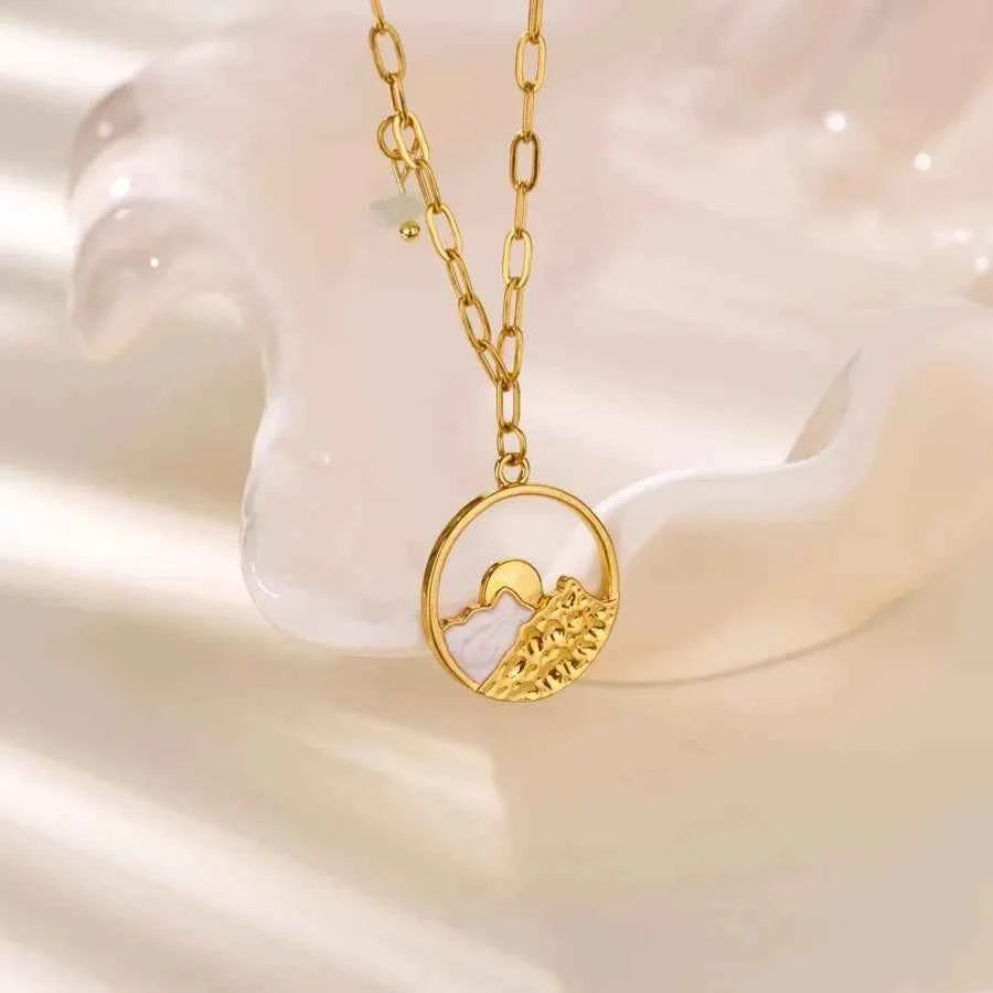 18K Gold Wave & Palm Tree Pendant Necklace