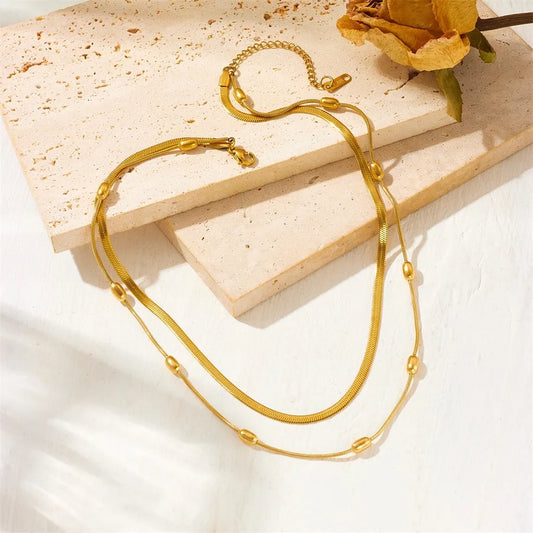 Double Layer Gold Stainless Steel Pearl Necklace