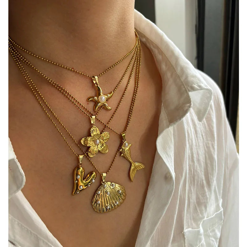18K Gold Ocean Heart Flower Pendant Necklace