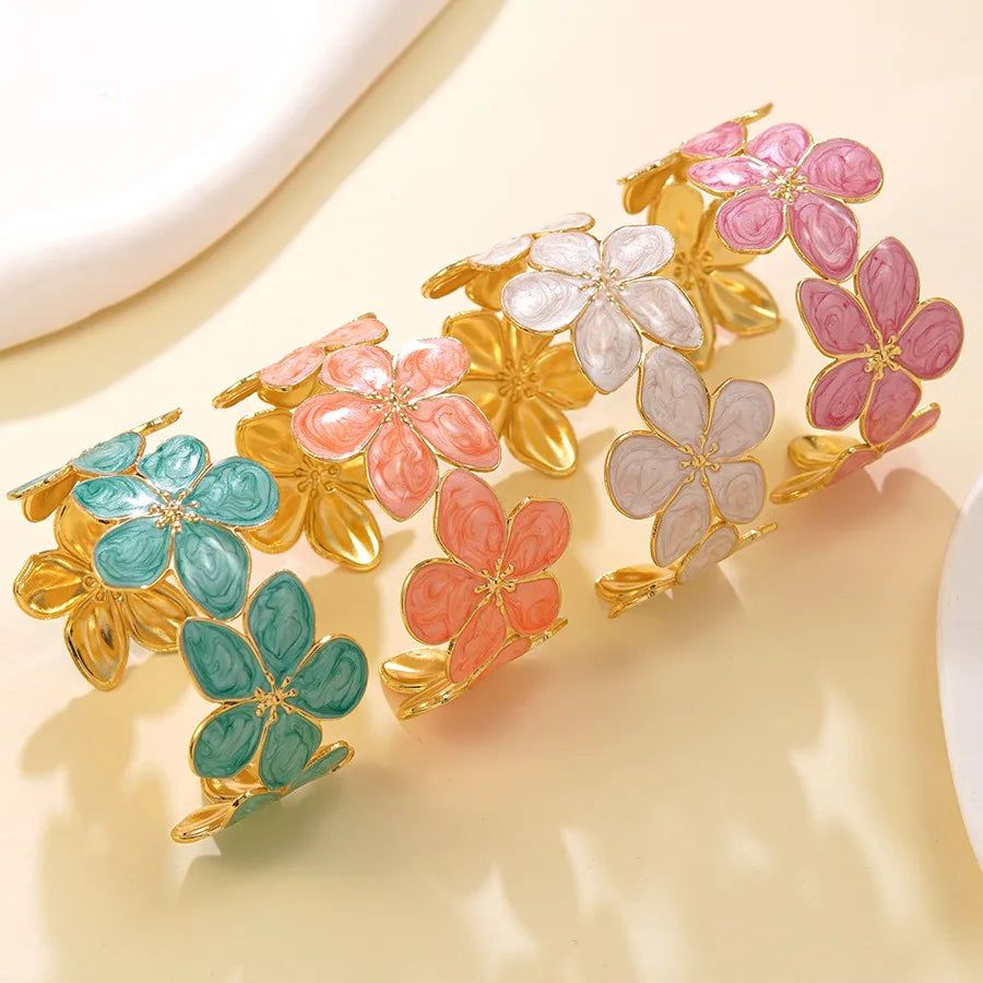 Gold Floral Enamel Stainless Steel Cuff Bracelet