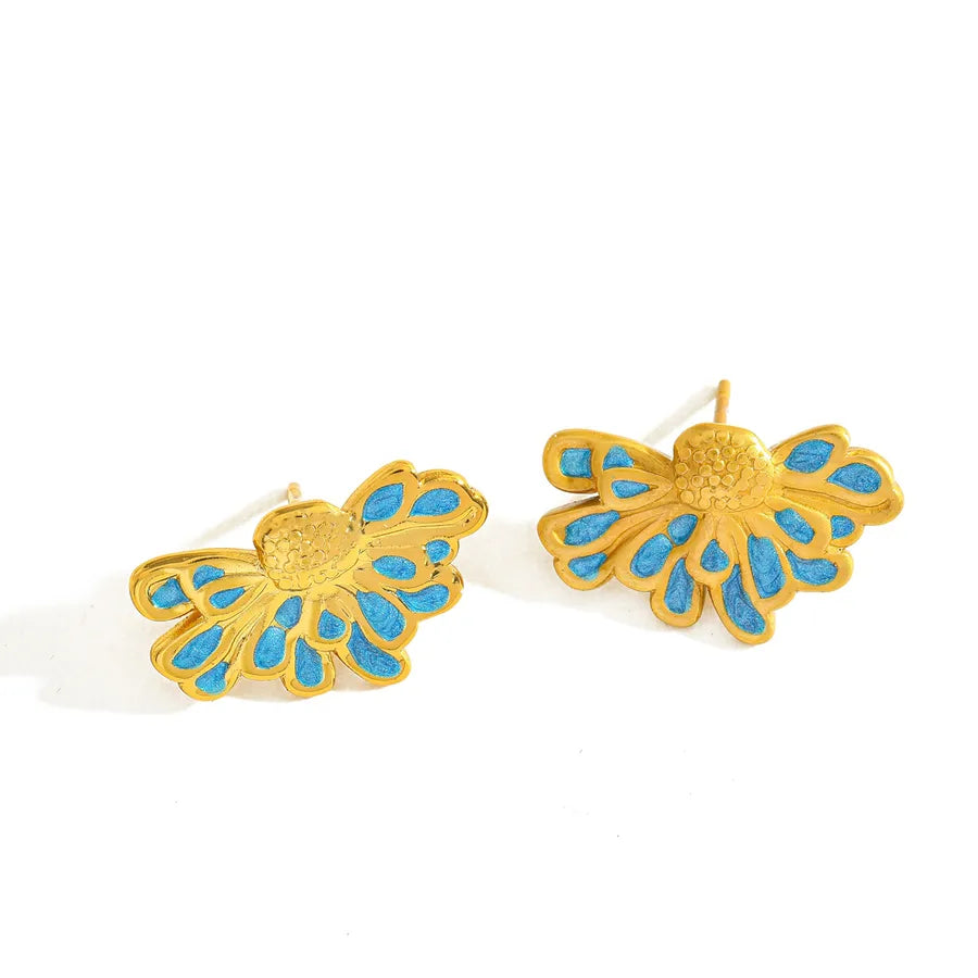18K Gold Half Flower Stud Earrings for Women 20.62mm*12.44mm-blue