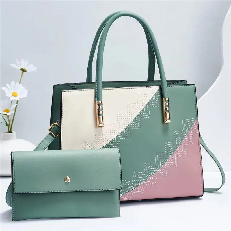 Color Block PU Shoulder Crossbody Handbag Set Green Default