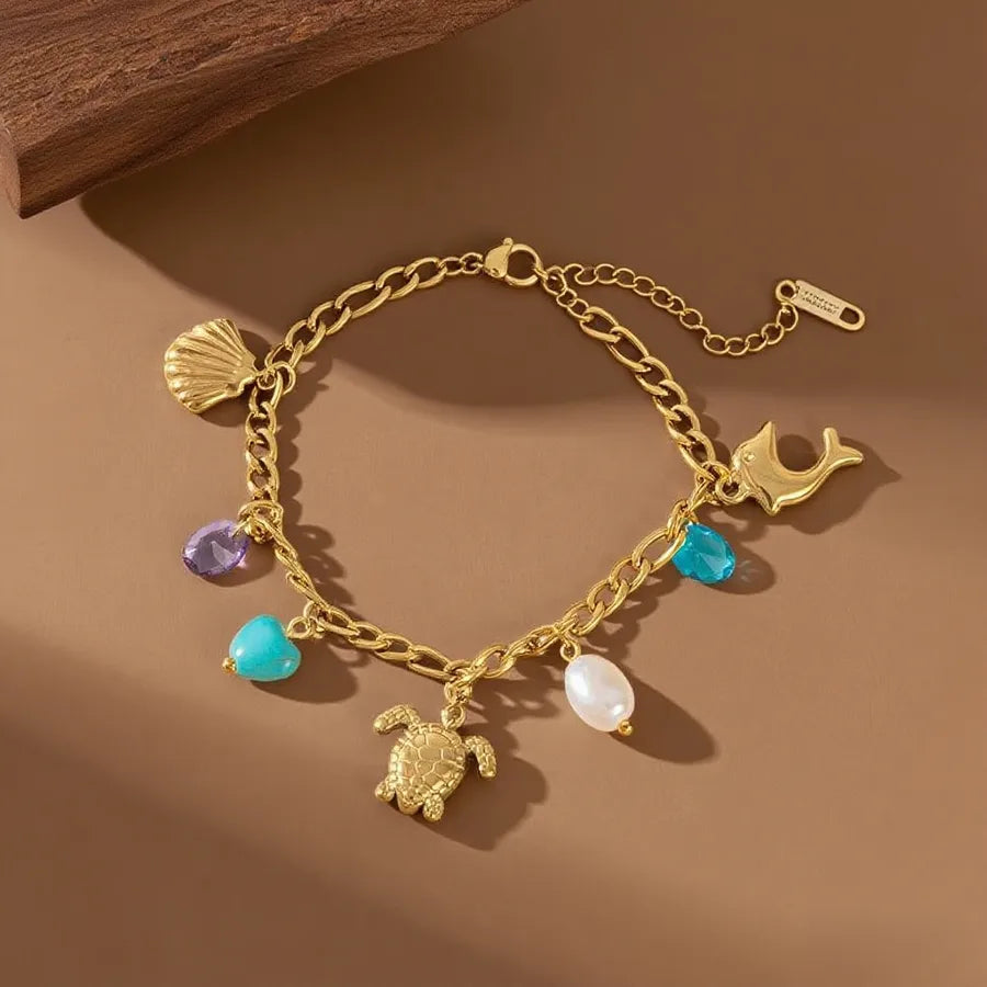 Titanium Steel Starfish Shell Pendant Necklace S02038-Pearl Colored Diamond Turtle Bracelet- Gold