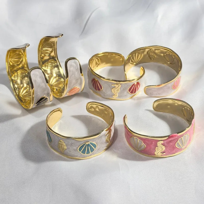 Gold Starfish & Shell Stainless Steel Bangle