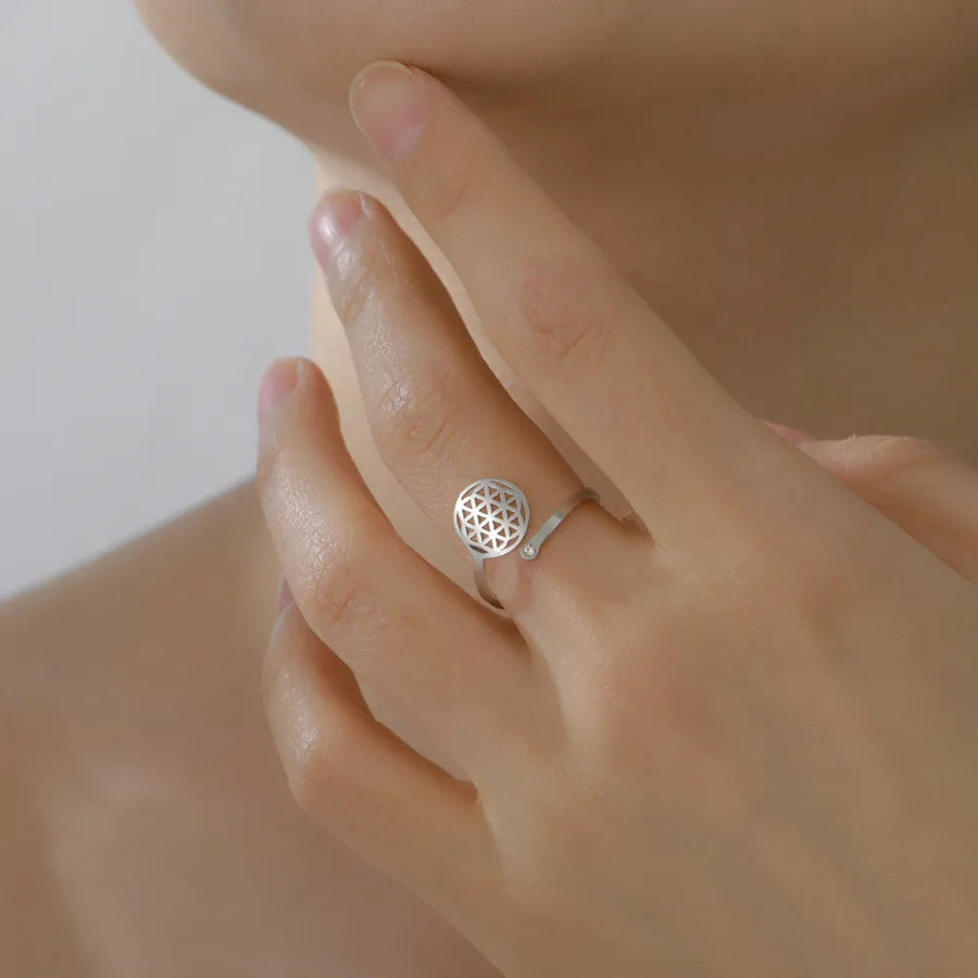 Boho Geometric Floral Open Ring – Gold Stainless Steel