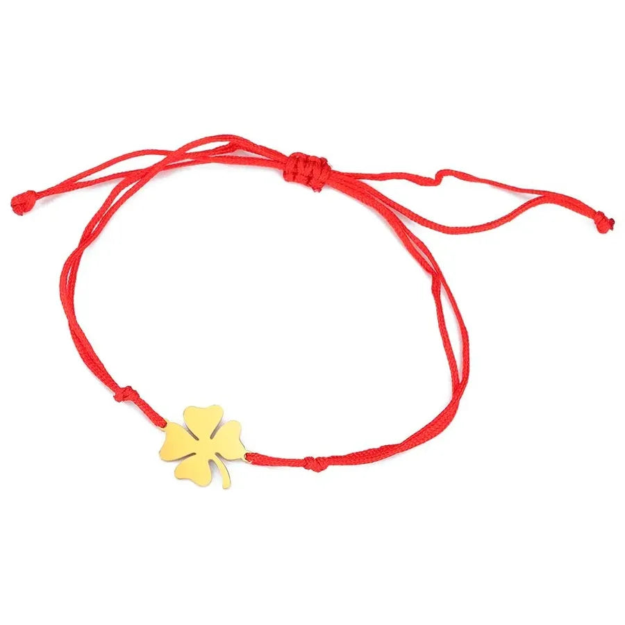Double Layer Four Leaf Clover Bracelet Gold -Red Jade Thread