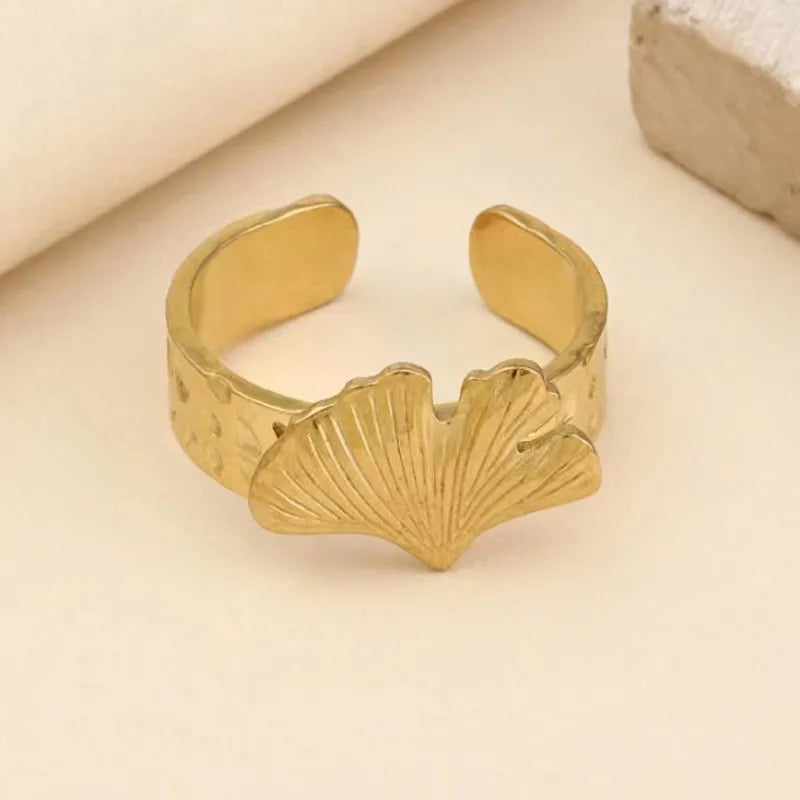 Gold Floral Butterfly Stainless Steel Ring Average Size Ginkgo Biloba
