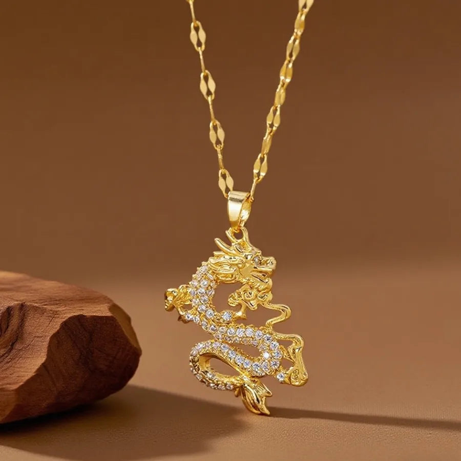 Geometric Titanium Steel Necklace for Women X08080 [Copper Pendant] Dragon Pattern - Necklace - Gold