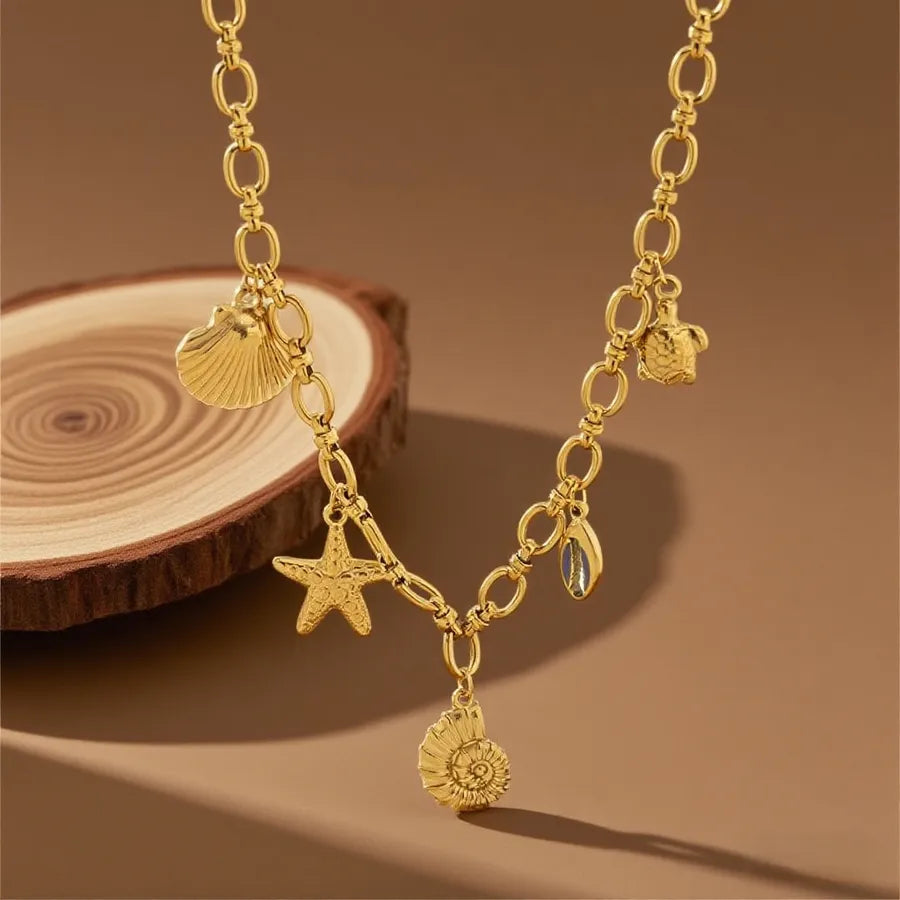 Titanium Steel Starfish Shell Pendant Necklace X01052-Shell Starfish Thick Chain Necklace - Gold