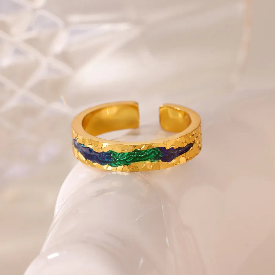 Gold Stainless Steel Wave Ring with Pearl & Zircon