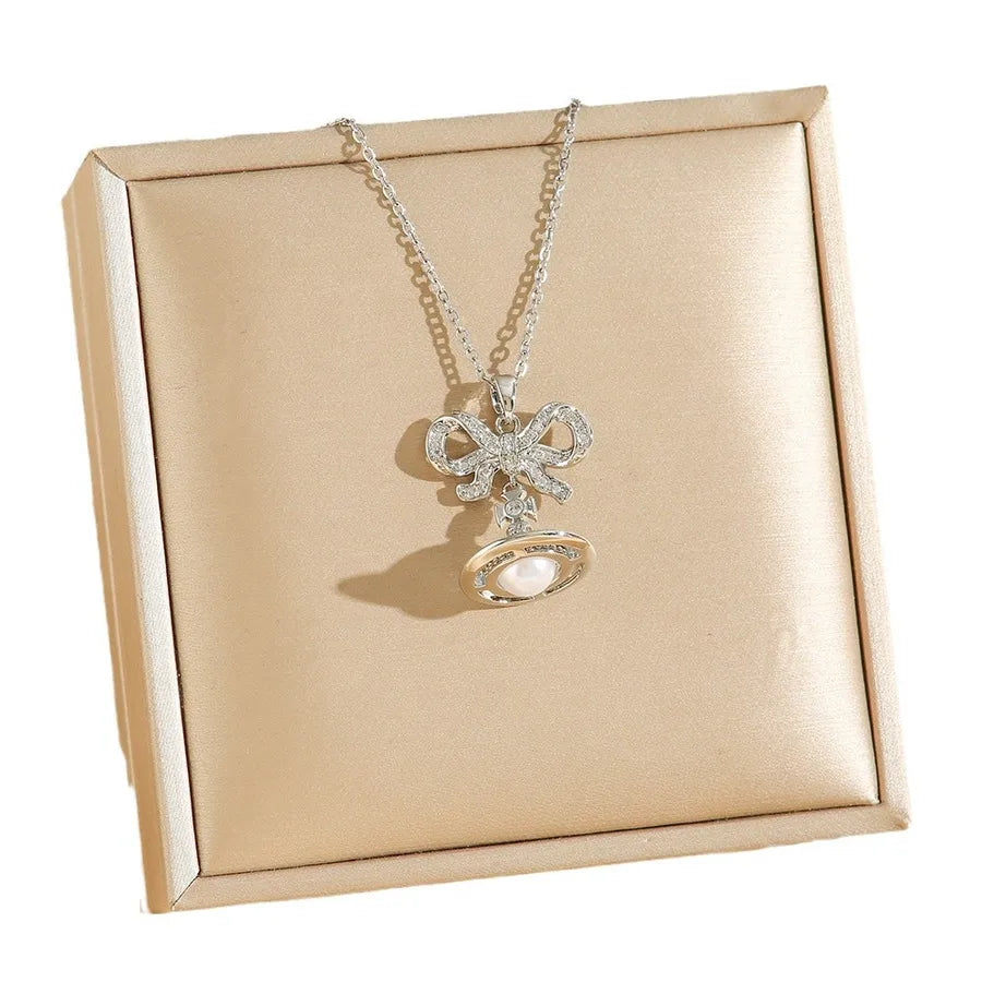 Titanium Steel Saturn Necklace with Pearl Drop