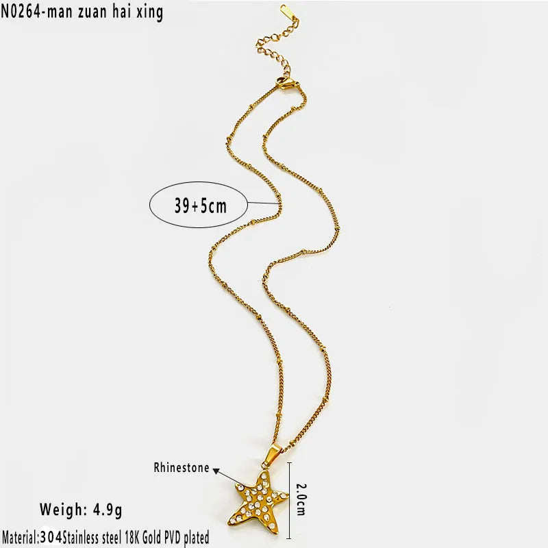 18K Gold Ocean Heart Flower Pendant Necklace Average Size Full Diamond Starfish Necklace