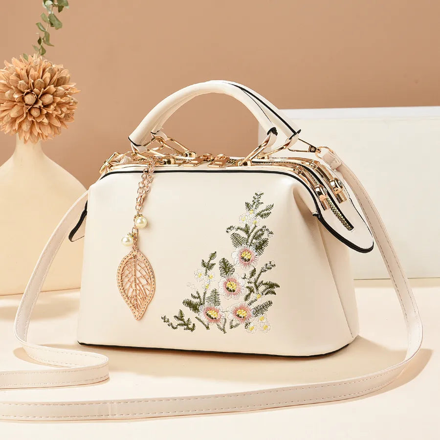 Floral Embroidered Retro PU Leather Shoulder Bag Beige 24*12*15CM