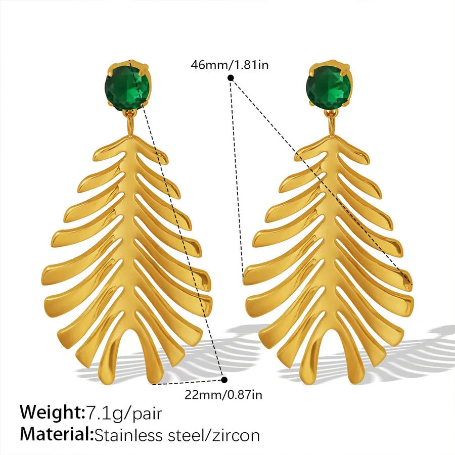 Gold Ginkgo Leaf Stud Earrings for Women EH210GG Green Zirconia Gold Earrings