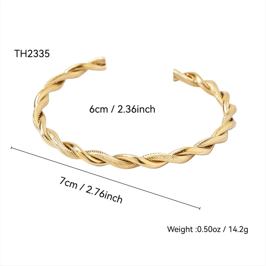 18K Gold Twisted Stainless Steel Bangle Golden Open-End Bracelet