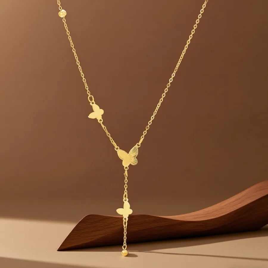 Elegant Titanium Steel Pendant Necklace X0151-Three Butterflies-Necklace- Gold