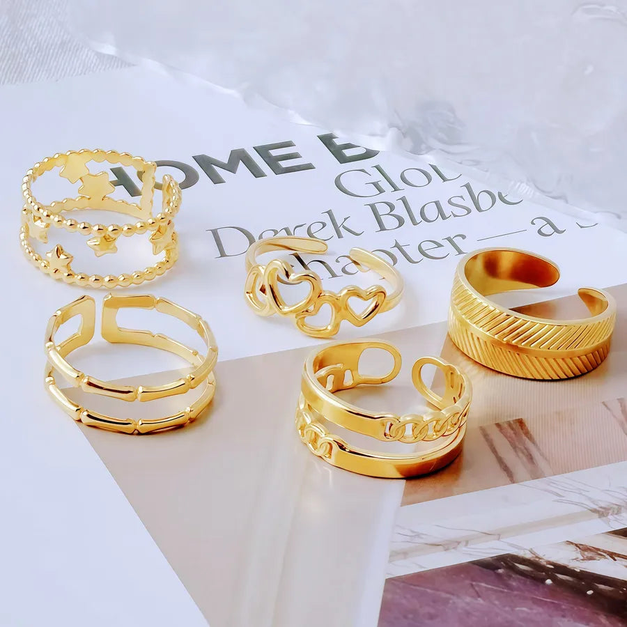 Gold Bamboo Titanium Steel Open Ring