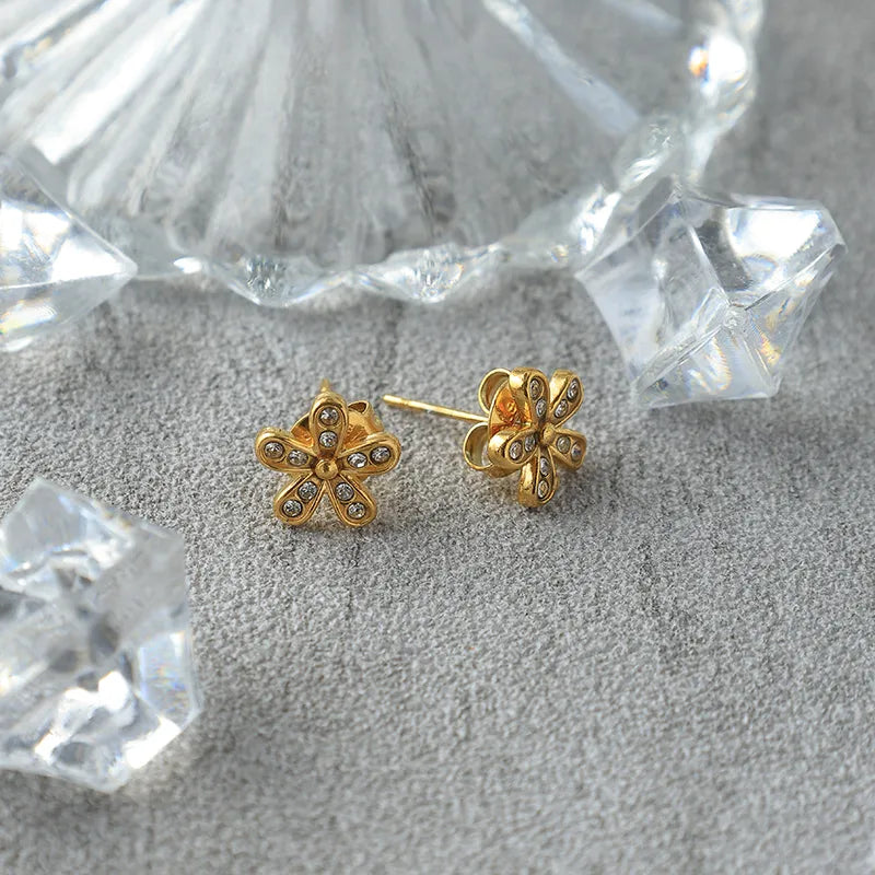 18K Gold Plated Zircon Flower Stud Earrings