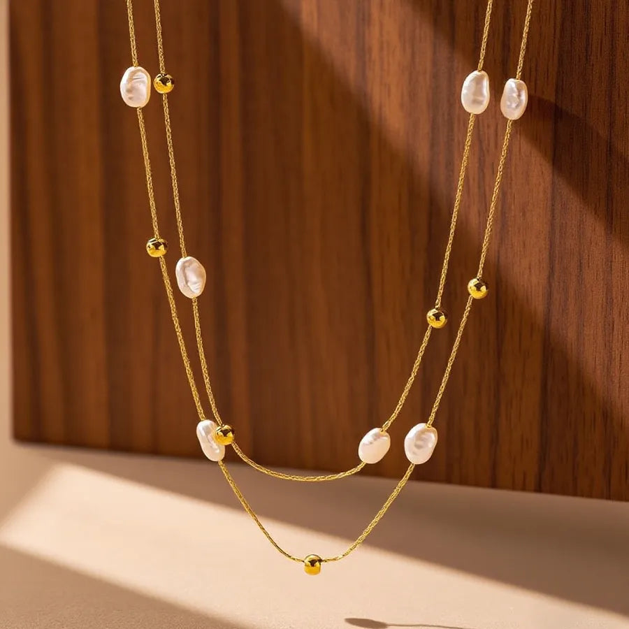 Double Layer Titanium Steel Heart Necklace X01074-Oblate Pearl-Necklace- Gold