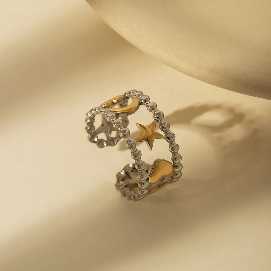 14K Gold Bow Knot Shell Open Ring Adjustable Opening Gold and Silver Two-tone Five-pointed Star Moon Hollow Adjustable Ring