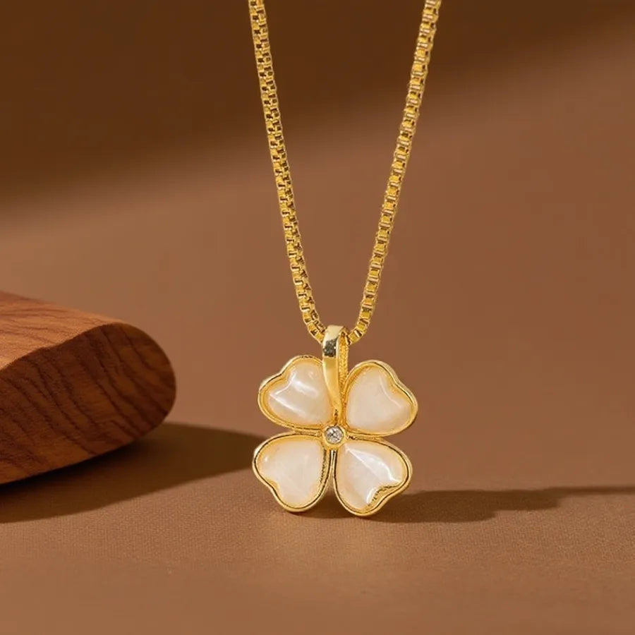 Geometric Titanium Steel Necklace for Women X08028 [Copper Pendant] Cat's Eye Stone Four-Leaf Flower Necklace - Gold