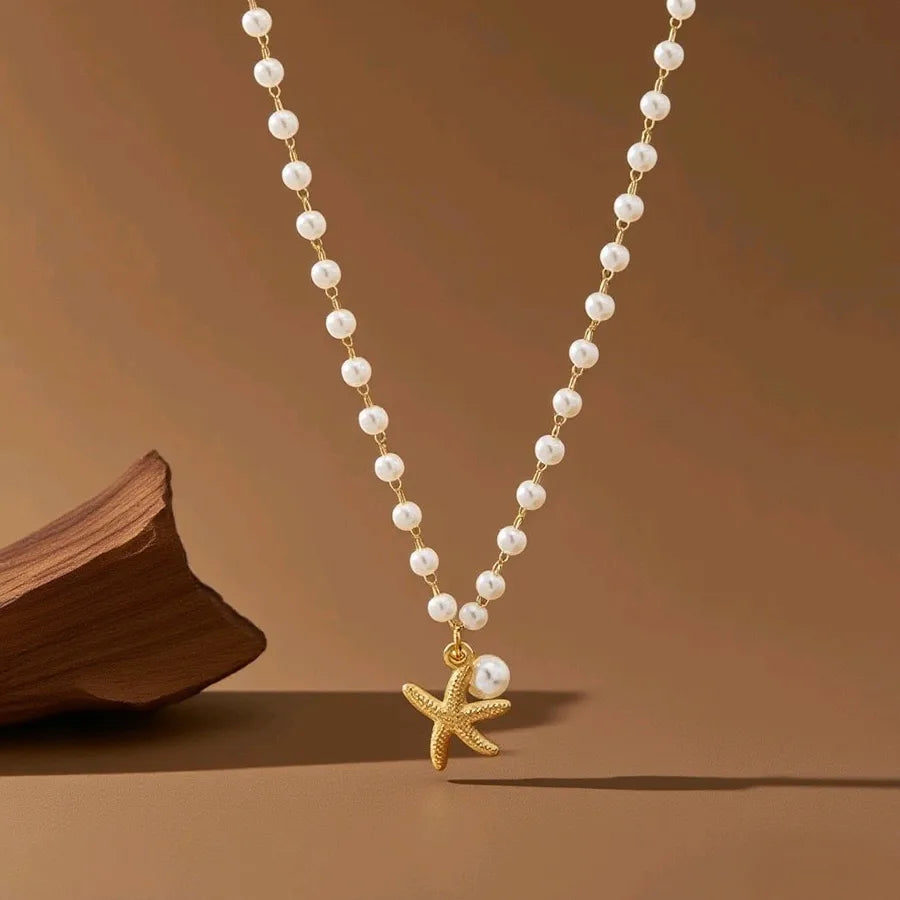 Titanium Steel Heart Pendant Necklace X0643-Starfish Pearl-Necklace- Gold