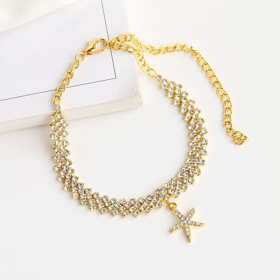 Double Layer Starfish Anklet with Crystal Charms Gold