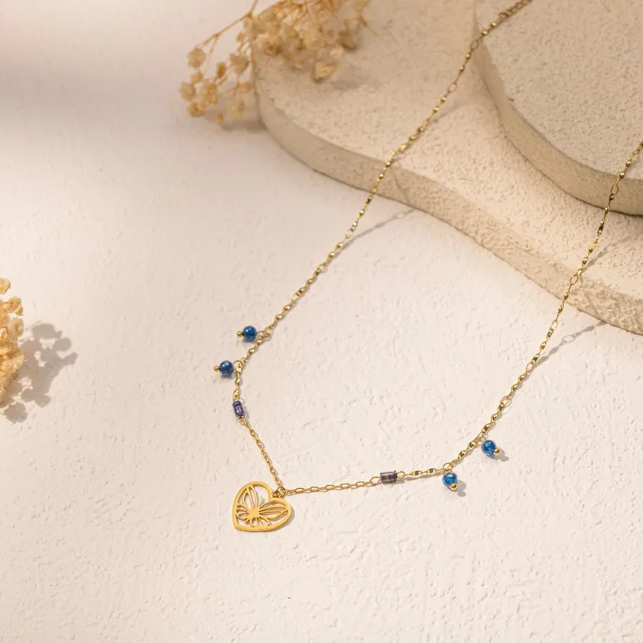 18K Gold Heart & Butterfly Stainless Steel Necklace Average Size Multicolor X-09-55