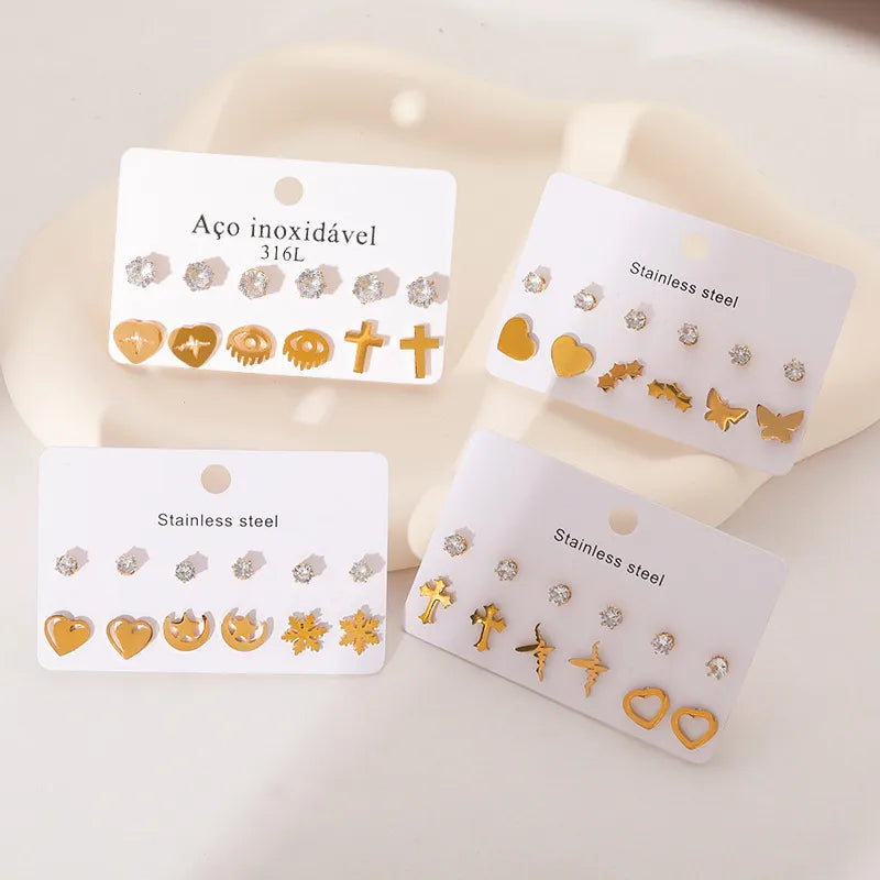 Heart & Cross Stainless Steel Stud Earrings