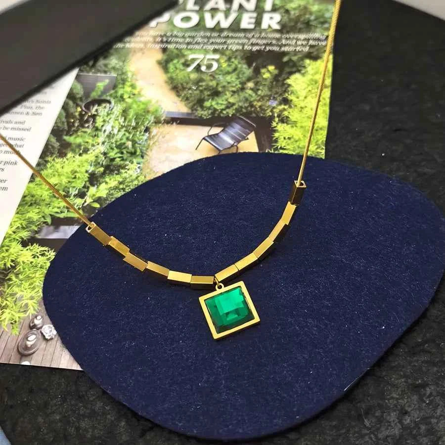 Green Zircon Geometric Titanium Steel Necklace