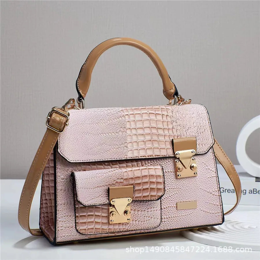 Retro Croc-Pattern PU Shoulder Bag Pink