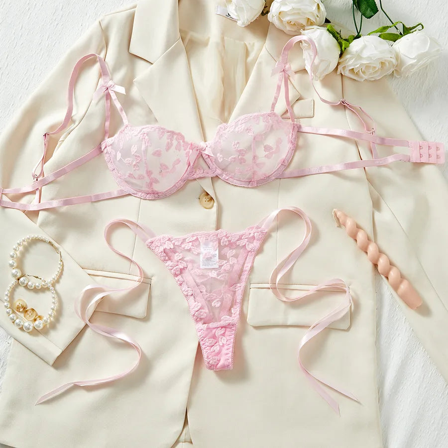 Women's Sheer Lace Lingerie Set M Pink