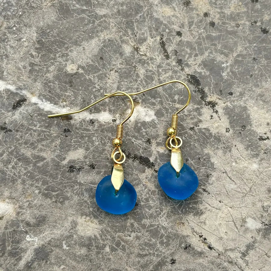 Sea Glass Dangle Earrings with Stainless Steel Hooks Gold Ear Hook-Sky Blue Sea Glass