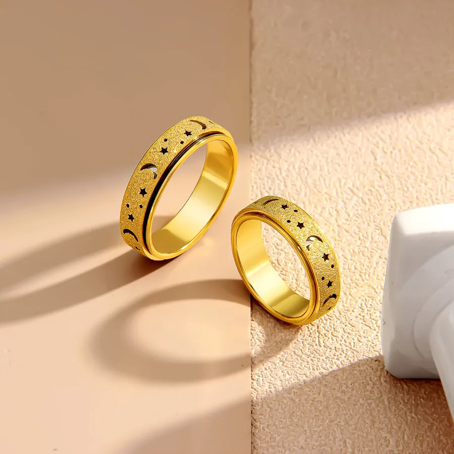 Retro Titanium Steel Geometric Couple Ring Rotating Star and Moon Hollow Gold X2