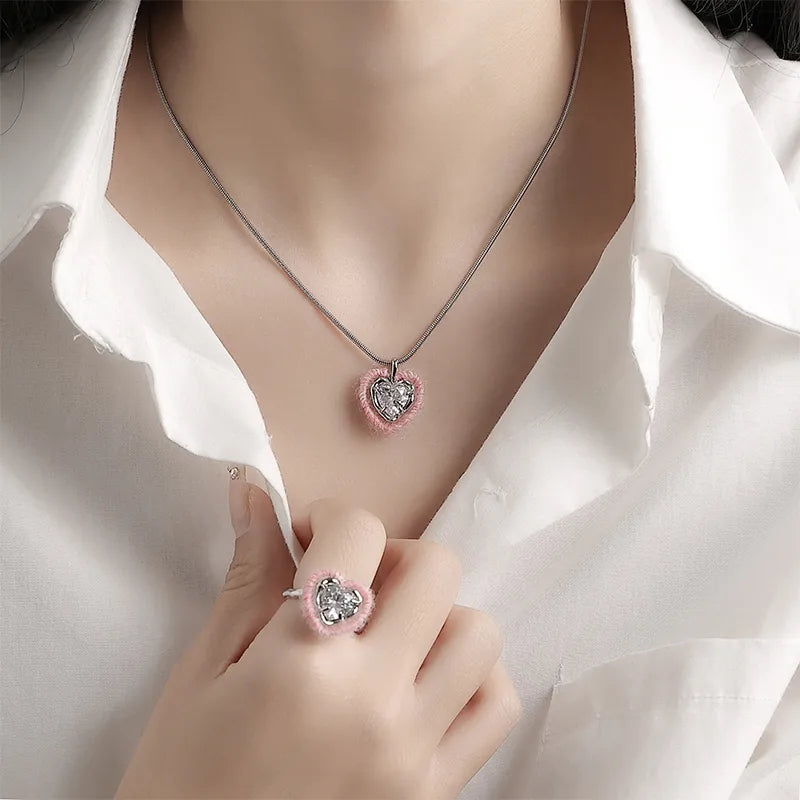 Pink Heart Zircon Necklace & Ring Set