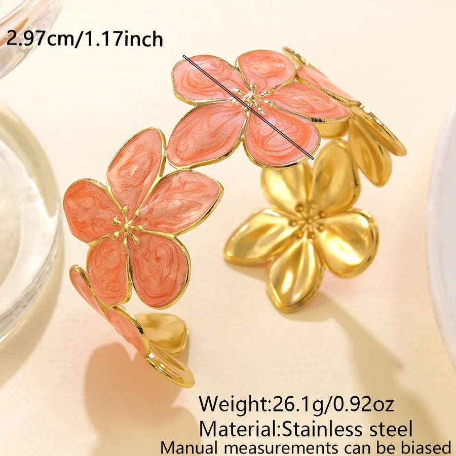 Gold Floral Enamel Stainless Steel Cuff Bracelet