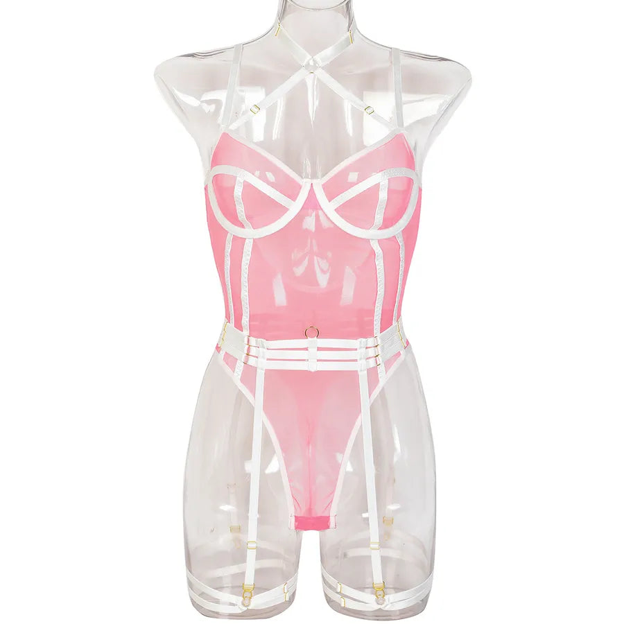 Women's Multicolor Sexy Cosplay Lingerie Set Light Pink Net White Belt