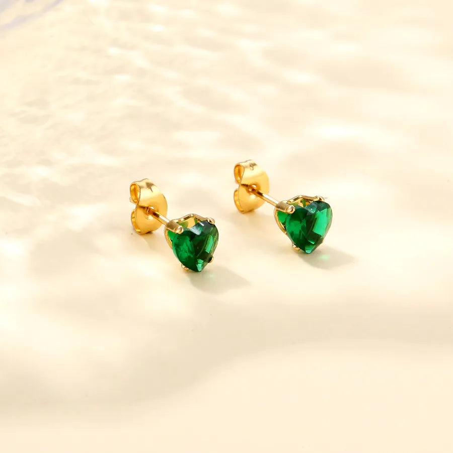 Heart-Shaped Zircon Stainless Steel Earrings Dark Green